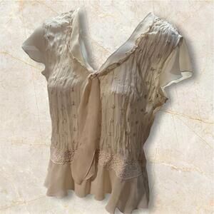 Fairy Embroidered Sunny Taylor Cream Sheer Blouse Top With Flutter Sleeve, Small